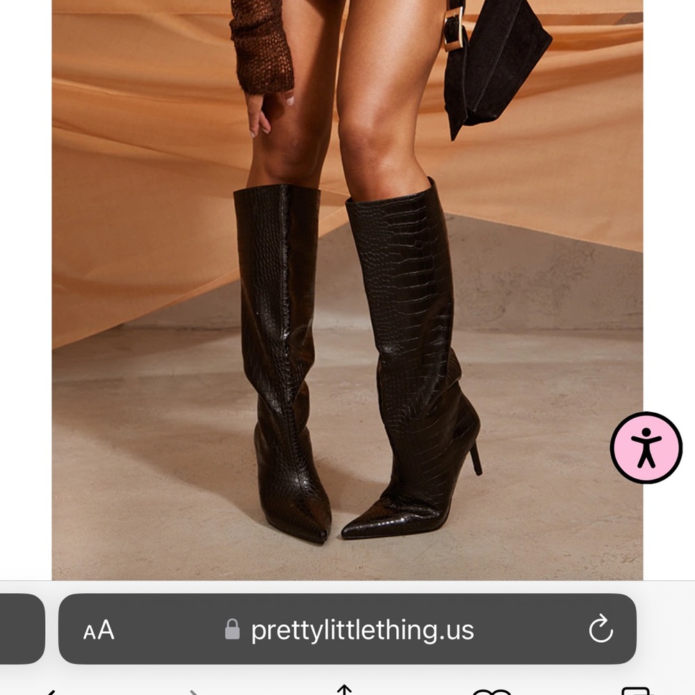 Black PU Crocodile knee high kitten heel boot
